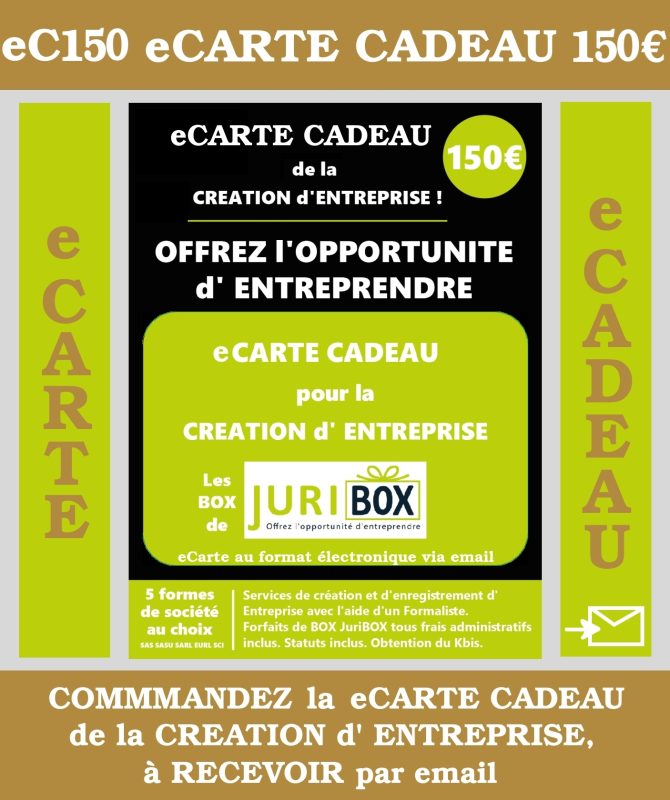 LA CARTE CADEAU de la Création d'ENTREPRISE. MONTANT 150 euros JuriBOX. OFFREZ L'OPPORTUNITE d'ENTREPRENDRE avec les BOX et CARTES CADEAUX JuriBOX.