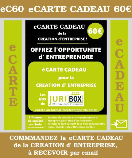LA CARTE CADEAU de la Création d'ENTREPRISE. MONTANT 60 euros JuriBOX. OFFREZ L'OPPORTUNITE d'ENTREPRENDRE avec les BOX et CARTES CADEAUX JuriBOX.