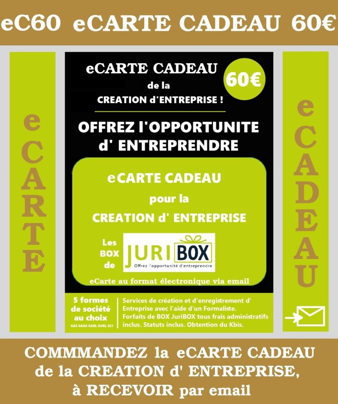 LA CARTE CADEAU de la Création d'ENTREPRISE. MONTANT 60 euros JuriBOX. OFFREZ L'OPPORTUNITE d'ENTREPRENDRE avec les BOX et CARTES CADEAUX JuriBOX.